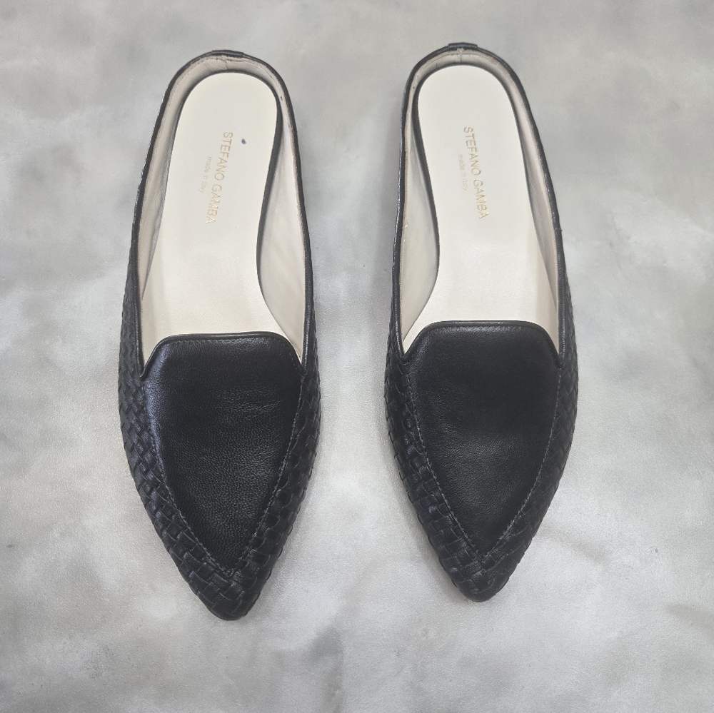 Stefano Gamba Navy Leather Woven Side Design Classic Mules Size 38